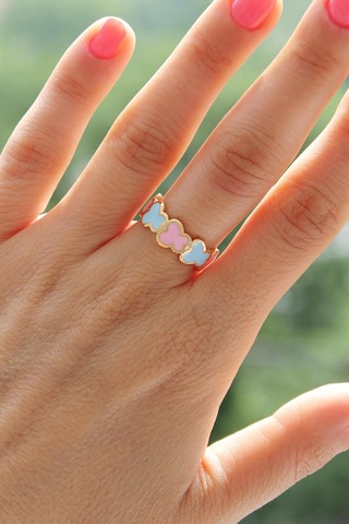Niki Aksesuar Pembe Mavi Mineli Kelebek Yüzük Ayarlamalı Pembe
