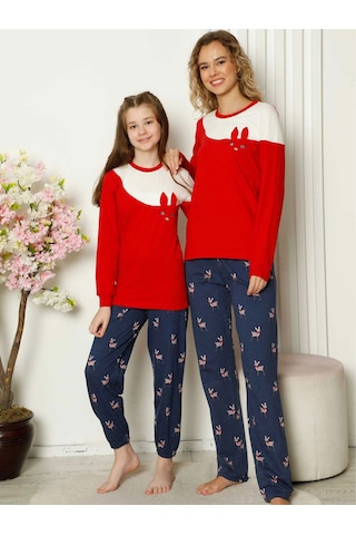 Alimer EDY5163UK-K Kız Çocuk Bisiklet Yaka Uzun Kol Pijama Takım Kırmızı