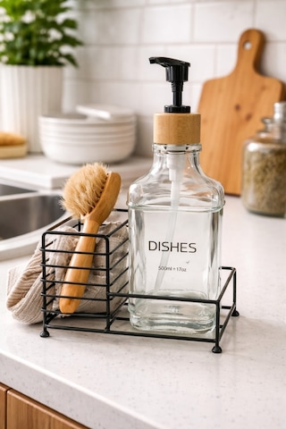 Makri Home Metal Stantlı Bambu Kapaklı Cam Sıvı Sabunluk/deterjanlık, 500 Ml, 15 8,5 23 Cm Şeffaf