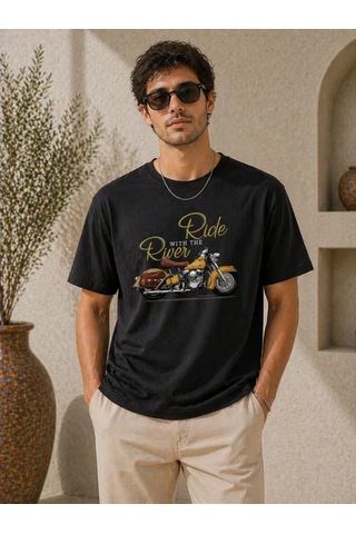Tarzyeri Erkek Motosiklet Baskılı Tişört Bisiklet Yaka Kısa Kol Yazlık T-shirt - Siyah