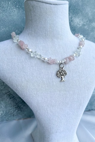 Pembe Kuvars Ve Kristal Kuvars Hayat Ağacı Doğaltaş Kolye Standart