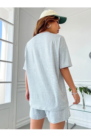 Love T-shirt Şort Gri 2'li Kombin Şort Tişört Takım Baskılı Oversize Bisiklet Yaka Gri