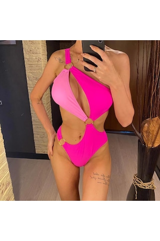 Seksi Asimetrik Ekleme Tek Omuz Kadın Mayo Tek Parça Mayo Kadın Monokini Kesik Bather Mayo Yüzme Pembe