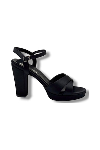 Erbay 308-26 Parlak Saten Çapraz Bant Kalın Topuk Kadın Sandalet 11cm Siyah