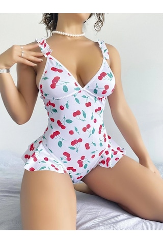 Najmaddin.com Beru Kadın Vişne Desenli Dantel İşlemeli Şık Body Çok Renkli
