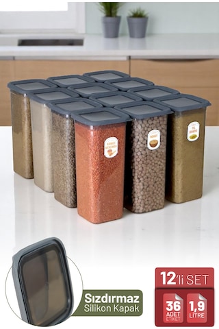 İronika 12'li Sızdırmaz Silikon Kapaklı Etiketli Jumbo Boy 1900 Ml Kare Erzak Bakliyat Saklama Kabı Antrasit Antrasit