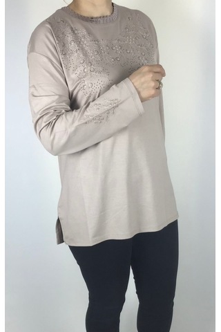 Kadın Likralı Turlu Viskon Büyük Beden Yaka Ve Kolağzı Taşlı Ve İşlemeli Bluz Krem