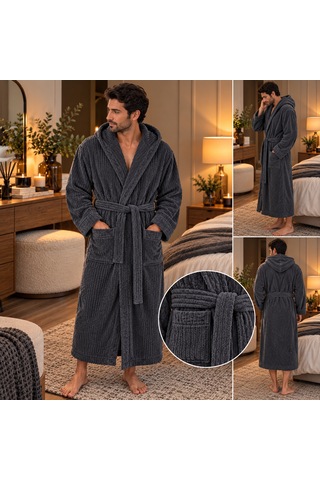 Nurpak Ekol Kapüşonlu Koyu Gri Bornoz - Beden Seçenekli Banyo Bornozu 2xl
