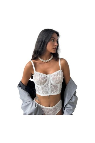Onsekiz18shop İçi Boş Gümüş Simli Çiçekli Tül Beyaz Büstiyer Takım