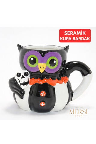 Kurukafa Tutan Baykuş Figürlü 3d Seramik Kupa Bardak Dekoratif Baykuş Kupa Sarı Siyah