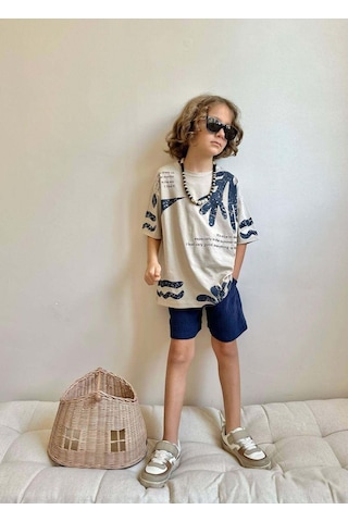 Miniko Kids Erkek Çocuk Kaktüs Desenli Müslin Şortlu Pamuk Takım Ekru