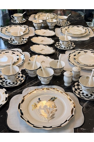 48 Parça Porselen Black Flower Kahvaltı Seti-5407 Siyah