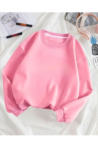 Baskısız Düz Sweatshirt - Pembe Kalın Kışlık Şardonlu Uzun Kol Oversize Bisiklet Yaka Pembe