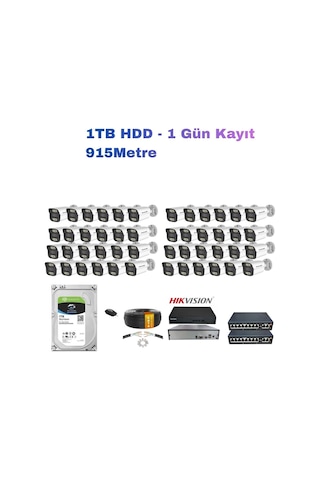 48'li 5mp Ip Kamera Seti Poe Hikvision Nvr İç/dış Mekan Gece Görüş Ses Kayıt Mobil İzleme 1tb Hdd Full Set