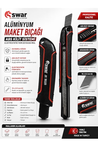 Swar Alüminyum Maket Bıçağı 18 X 0.5 Mm Abs Kilit Sitemi Otomatik Kilit Sistemi