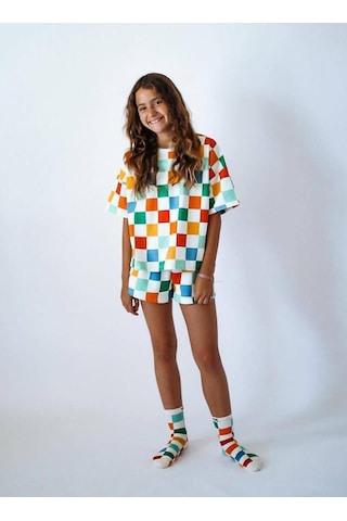 Kareli Kız Çocuk Şortlu Takım Beyaz