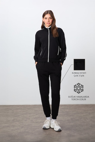 Tommy Life Siyah Kompakt Pamuklu Kalın Pürüzsüz Dokulu Dik Yaka Oversize Fit Kadın Eşofman Takım - 95340 Siyah