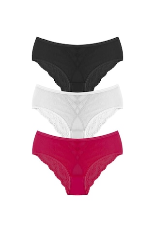 Transparan Tüllü Dantel Ve Taş Detaylı Özel Bölgesi Açık Büyük Beden Kadın Tanga Külot 3'lü Paket-2 Renkli-3