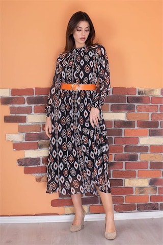 Dip Moda Kadın Kemerli Yaka Detaylı Uzun Şifon Elbise Dpry0032 Siyah - Turuncu