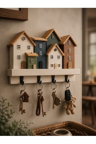 Ahşap Ev Figürlü Anahtarlık Askılığı Dekoratif Duvar Anahtarlığı 4 Kancalı Modern Organizer Çok Renkli