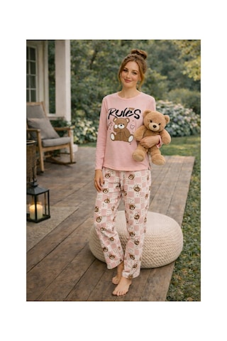Rindahomewear Kadın Rules Ayıcık Baskılı Süprem Uzun Kol Pijama Takımı Pembe