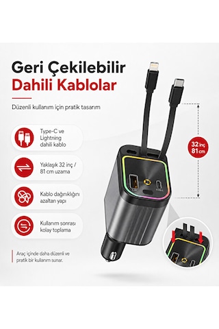 66w Geri Çekilebilir 4'ü 1 Arada Araç Şarj Cihazı Type-c Lightning 01