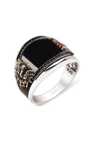 Oniks Akik Taşlı Osmanlı Armalı Gümüş Erkek Yüzük Key01