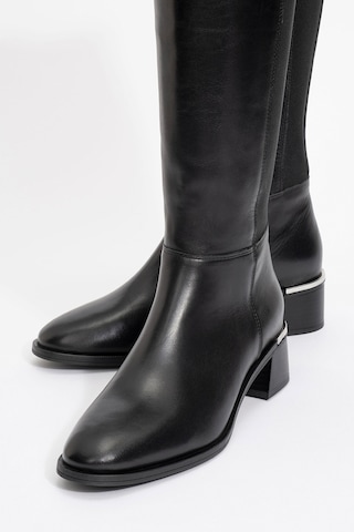 Luvishoes Luvi Shoes Rochos Siyah Cilt Streç Detaylı Hakiki Deri Kadın Çizme Siyah Mat