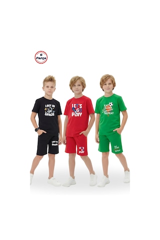 Fyk Kids 3'lü Bisiklet Yaka Baskı Detaylı Renkli Kaprili Erkek Çocuk 6 Parça Alt Üst Takım Siyah-kırmızı-yeşil