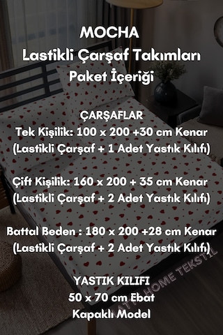 Mocha Kırmızı Kalp Desenli Pamuklu Kumaş Lastikli Çarşaf Takımı Kırmızı