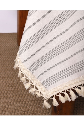 Dnc Home Tekstil Keten Gri Antrasit Çizgili Ponponlu Masa Örtüsü 001