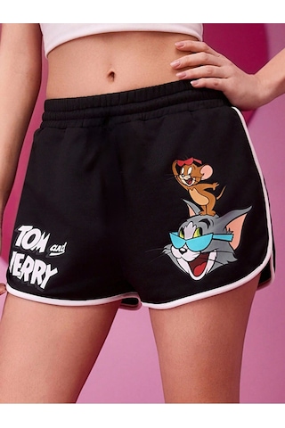 Siyah Yırtmaçlı Beyaz Biyeli Tom Ve Jerry Baskılı Bermuda Şort Siyah2-280703
