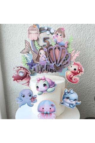 Deniz Kızı Temalı Kız Çocuk Doğum Günü İsme Özel 3d Pasta Süsü Seti Cake Topper Çocuk