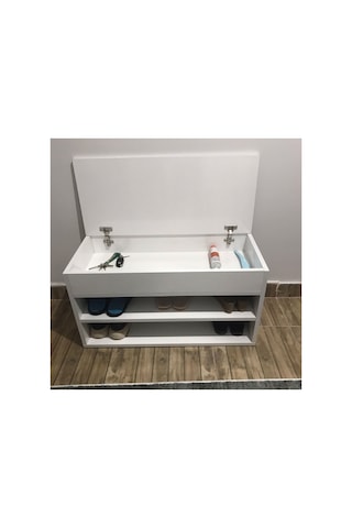 Rengibiz Ayakkabılık Puflu Minderli Sandıklı Kapı Önü Ayakkabılık Beyaz
