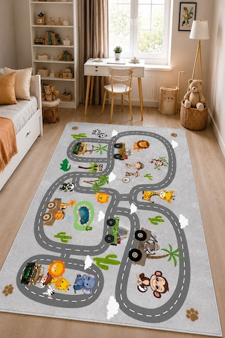 STY Home Safari Gri Çocuk Oyun Halısı Kaymaz Makinede Yıkanabilir Eğitici Bebek Ve Çocuk Odası Halısı Oyun67