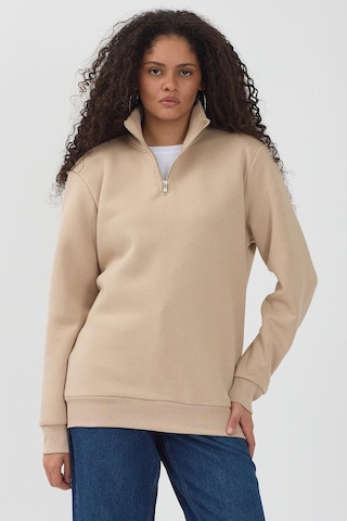 Unisex Regular Fit Rahat Kesim Pamuklu Içi Polarlı Yarım Fermuarlı Bej Dik Yaka Sweatshirt Bej