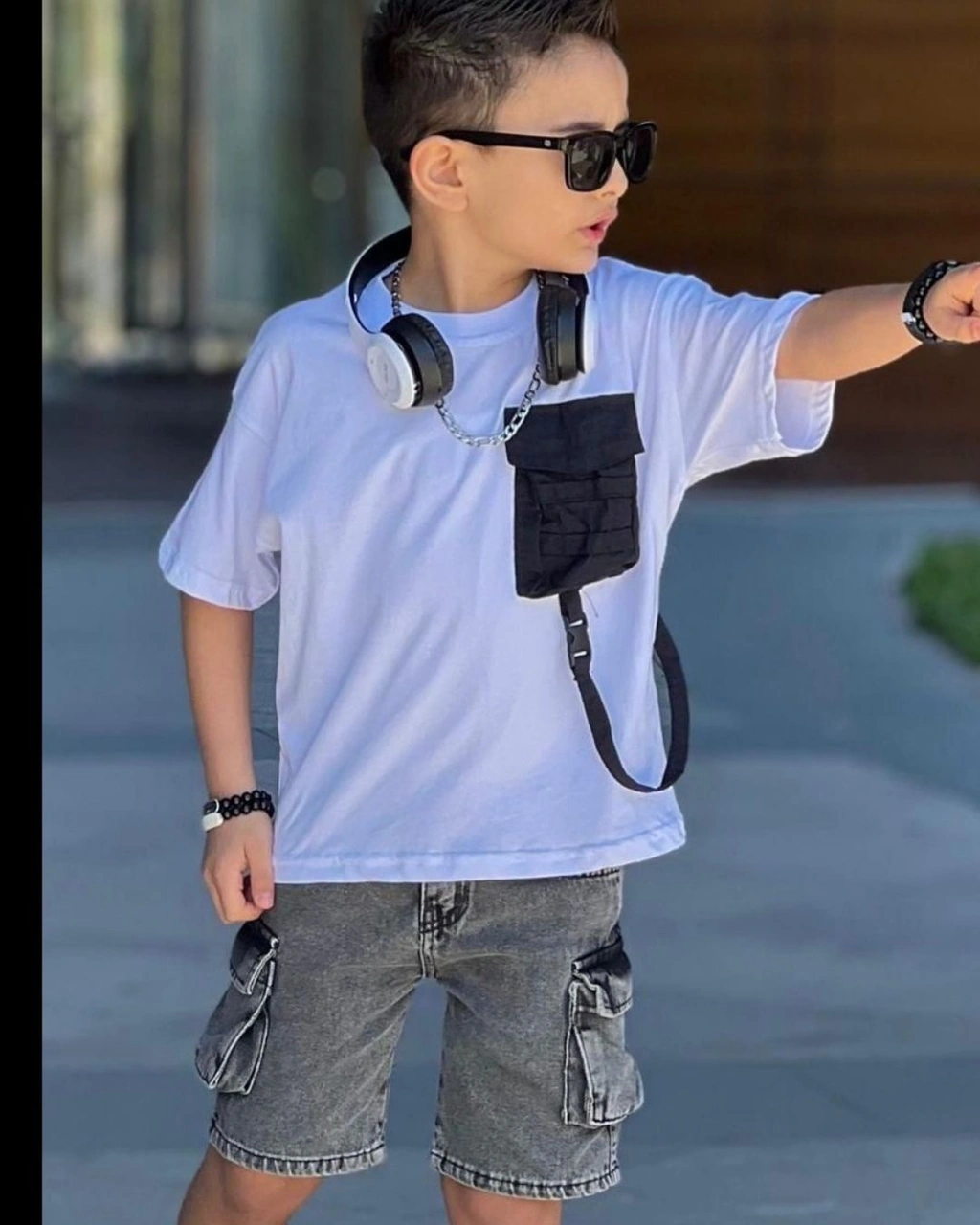 Cg Kids Paraşüt Cep Detaylı T-shirt Komando Cepli Jean Erkek Çocu Beyaz