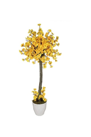 Yapay Ağaç Sarı Bahar Dalı Japon Kiraz Çiçeği Beyaz Saksılı 90Cm