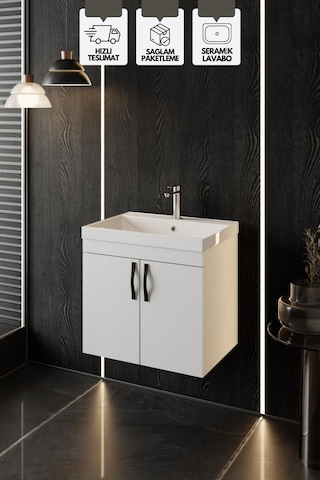 Karen Banyo Ege 60 Cm, Lavabolu Alt Banyo Dolabı, Kapaklı Banyo Alt Dolabı, Seramik Lavabo Dahil Beyaz