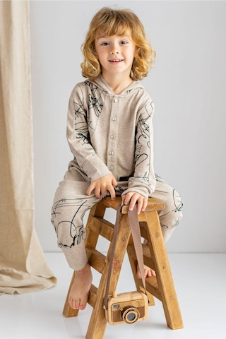 Oliven The Kid Oliventhekid Bej Ince Triko Geometrik Desenli Kapişonlu Önden Düğmeli Kışlık Unisex Çocuk Tulum Bej Bej