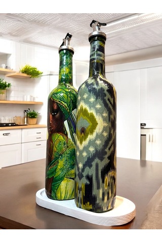 Geleneksel Desenler Ve Yerli Kadın Temalı Yağdanlık, Sirkelik Ve Sosluk Seti Vintage Mutfak Dekor Açık Yeşil