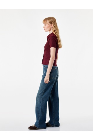 Koton Regular Fit Kısa Kollu Düğmeli Bürümcük Kumaş Polo Yaka Bluz Bordo 7wal60015ık