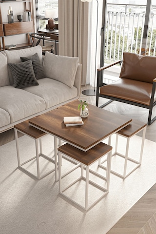 Lizbon 4+1 Kare Sehpa Takımı Beyaz Metal - Barok Tabla