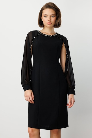 Ekol Kadın Boncuk Detaylı Kolları Tül Midi Elbise 4011 Siyah Siyah