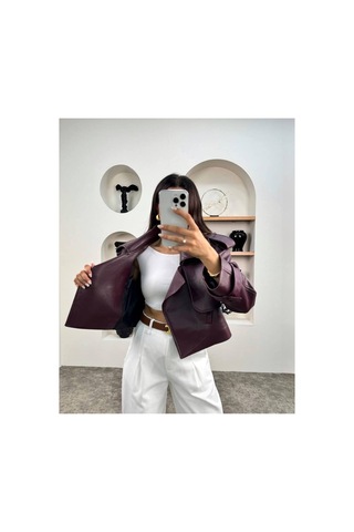 Ihlamurlar Tekstil Kadın Premium Trend Luxury Bordo Suni Deri Tasarım Biker Ceket Bordo Bordo