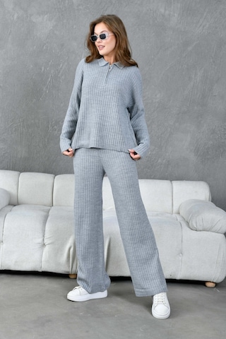 Park Karon Kadın Gri Polo Yaka Oversize Kazak Pantolon Triko Alt-üst Takım 10955 Gri