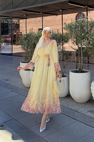 Riella Butik Çiçek Desenli Tesettür Elbise Sarı