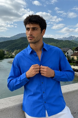 Respire Erkek Minimal Baskılı Oversize Dokulu Gömlek Mavi