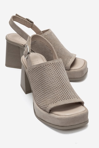 Luvi Shoes Penvıa Bej Süet Hakiki Deri Kadın Kalın Topuklu Sandalet
