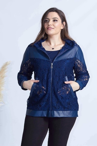 Moda Berray 4031 Lacivert Fermuarlı Derili Kombin Dantel Büyük Beden Ceket Lacivert